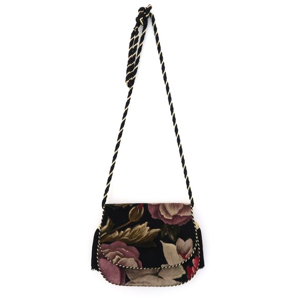 Vtg 80s UNGARO PARALLELE Floral print velvet handbag w tassels